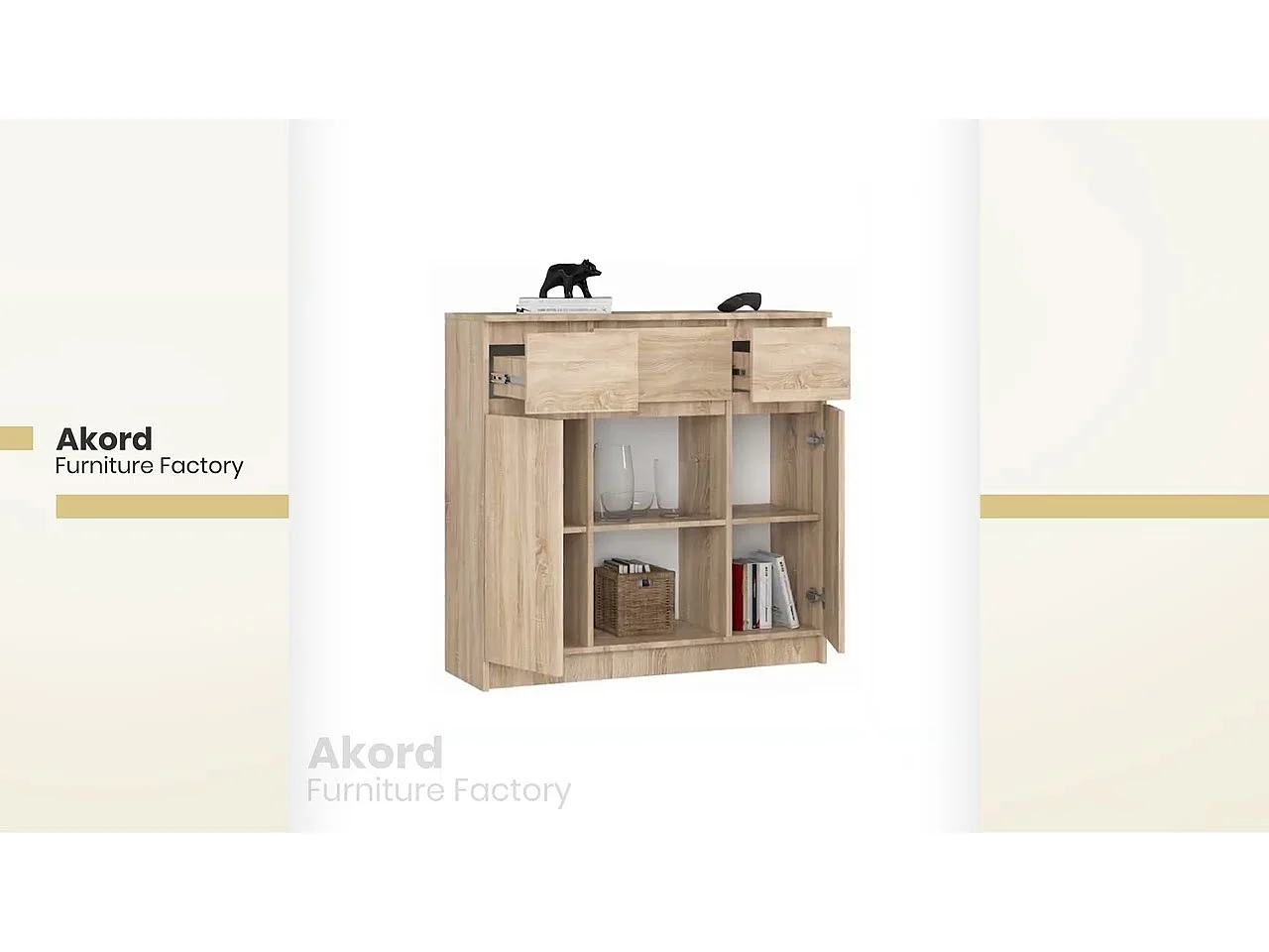 Commode AKORD K100 Blanche 101 cm 2 portes 3 tiroirs façade Blanche 6 étagères 101x35x98 cm
