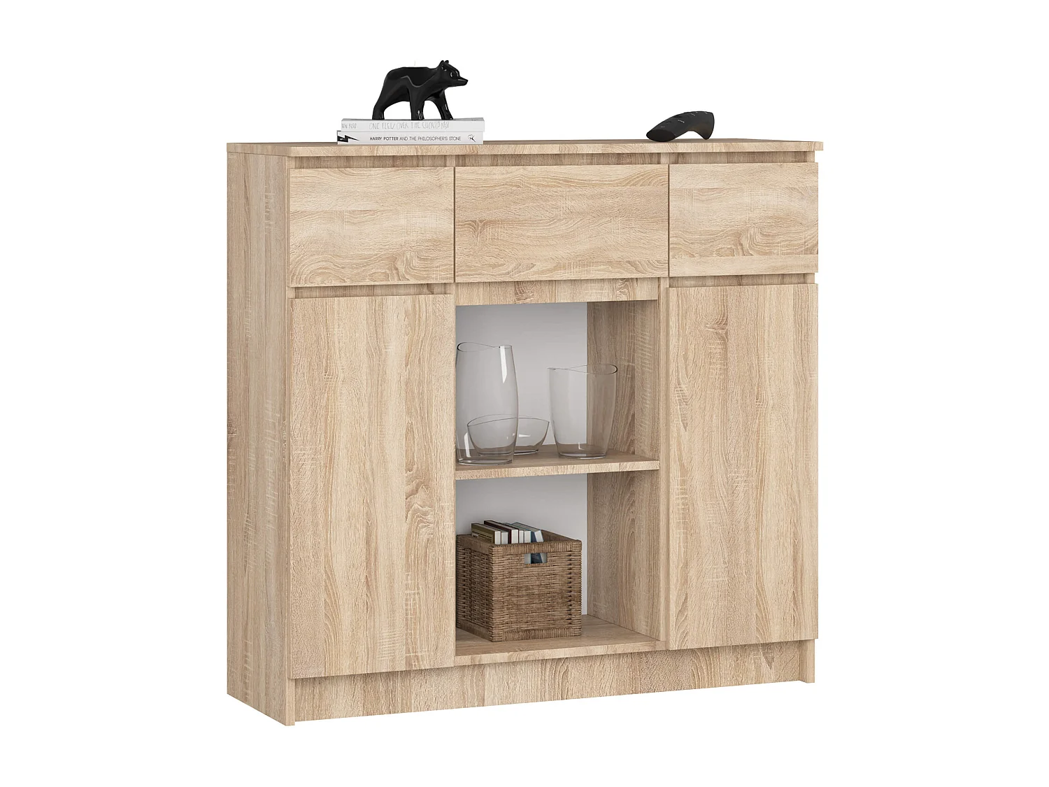 Ladekast K100 met 3 Lades, 2 Deuren en 1 Plank / AKORD Furniture Factory / Sonoma Eik / 101 x 98 x 35 cm