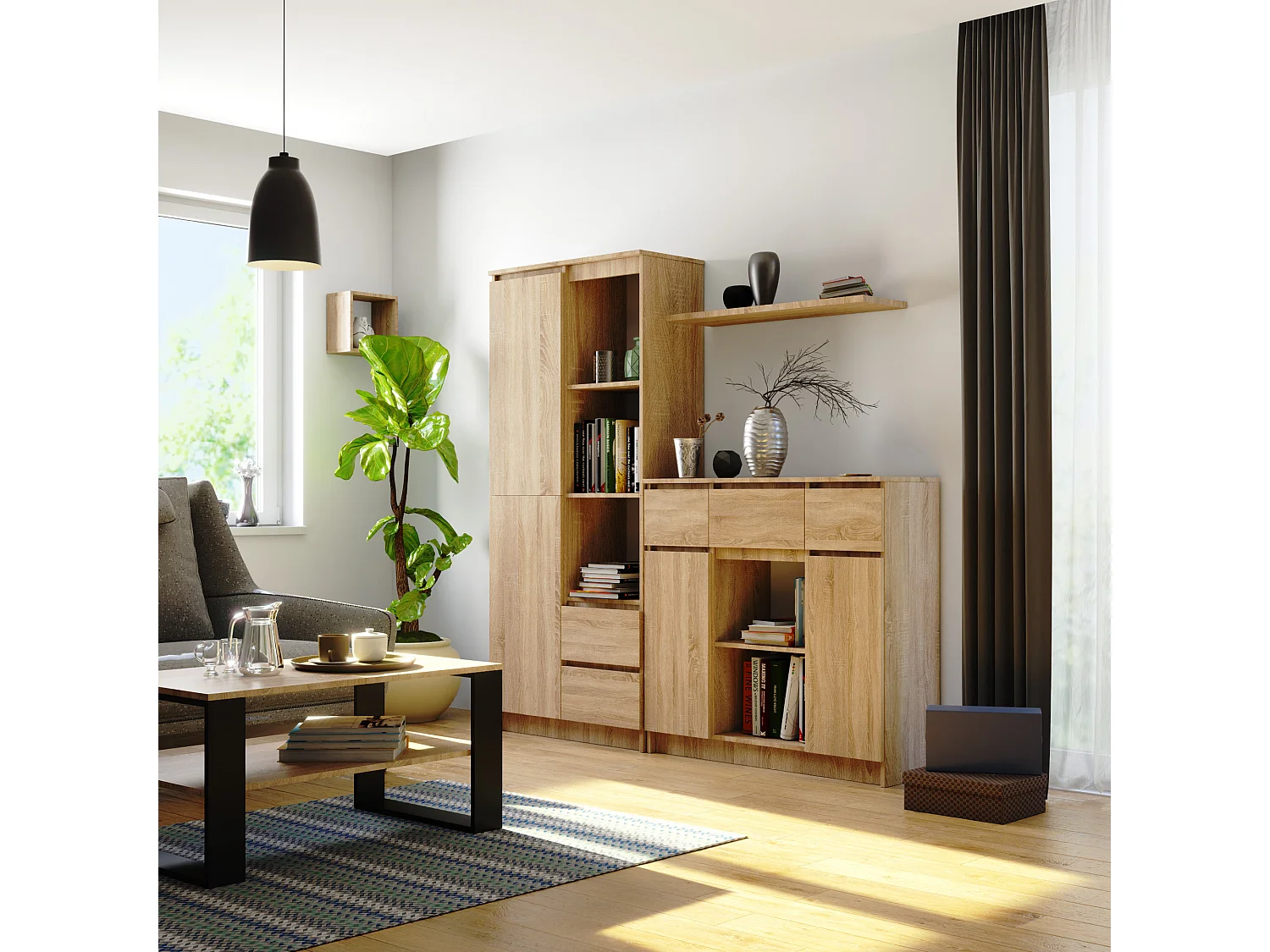 Ladekast K100 met 3 Lades, 2 Deuren en 1 Plank / AKORD Furniture Factory / Sonoma Eik / 101 x 98 x 35 cm