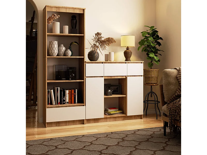 Commode AKORD K100 Chêne Sonoma 101 cm 2 portes 3 tiroirs façade Blanche 6 étagères 101x35x98 cm