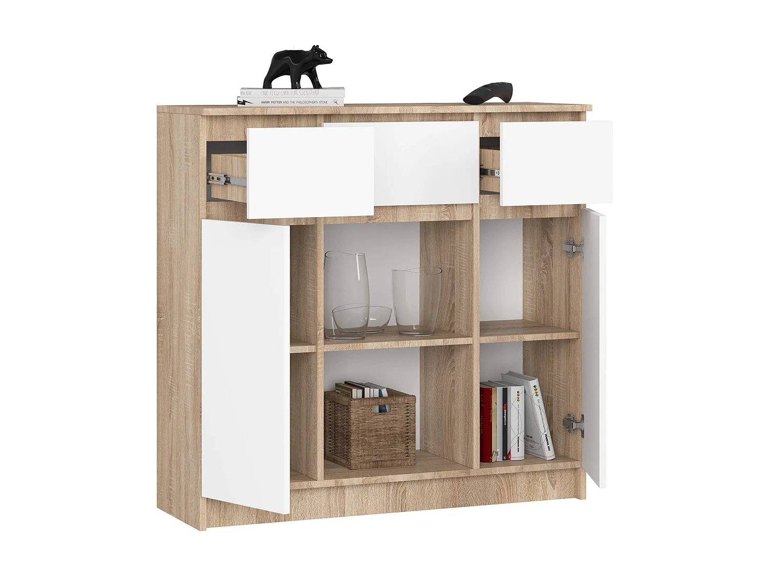 Commode AKORD K100 Chêne Sonoma 101 cm 2 portes 3 tiroirs façade Blanche 6 étagères 101x35x98 cm