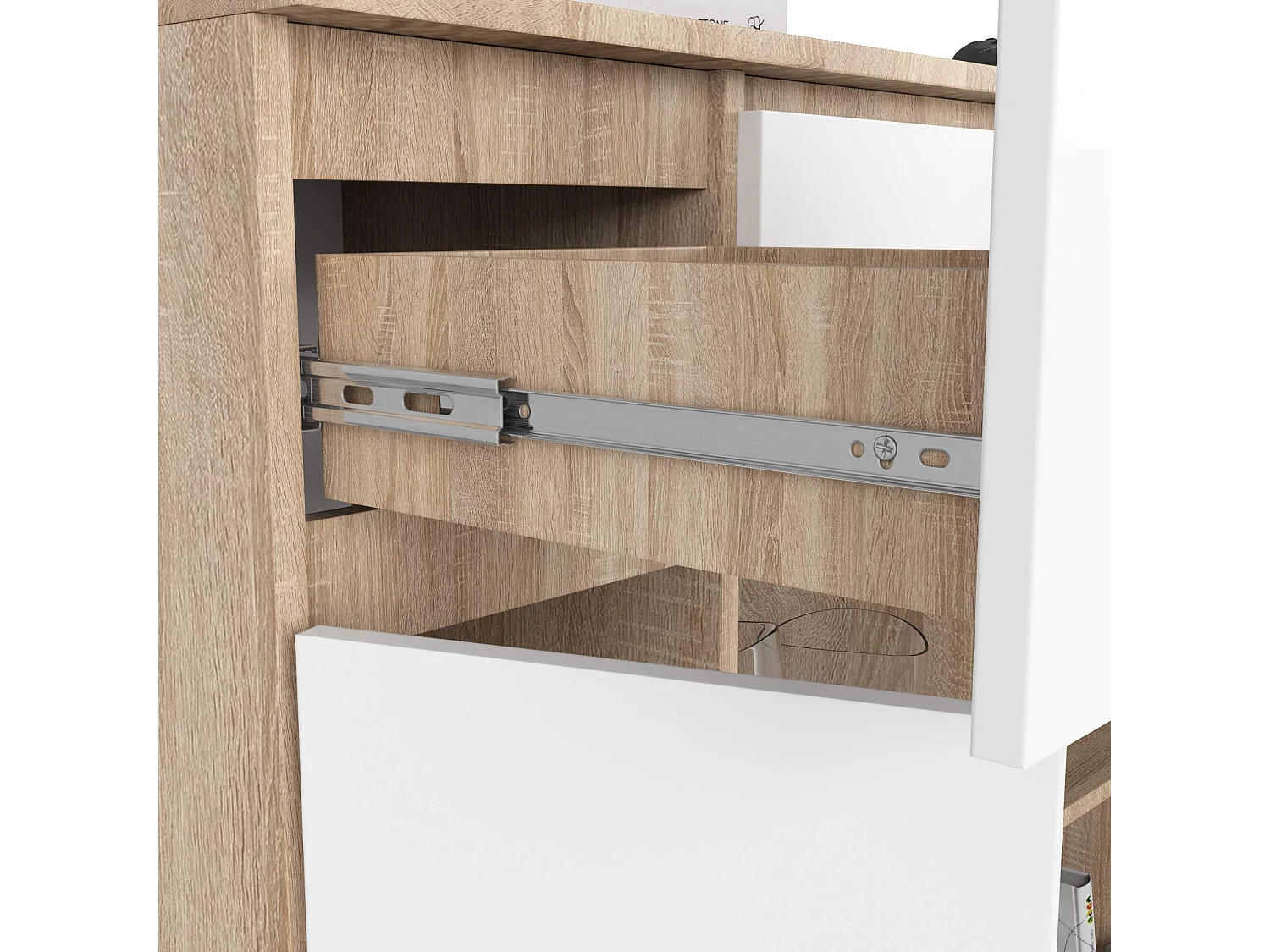 Commode AKORD K100 Chêne Sonoma 101 cm 2 portes 3 tiroirs façade Blanche 6 étagères 101x35x98 cm