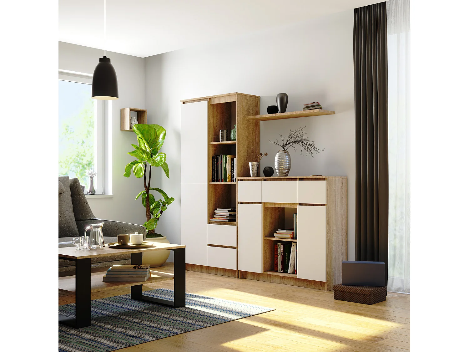 Commode AKORD K100 Chêne Sonoma 101 cm 2 portes 3 tiroirs façade Blanche 6 étagères 101x35x98 cm