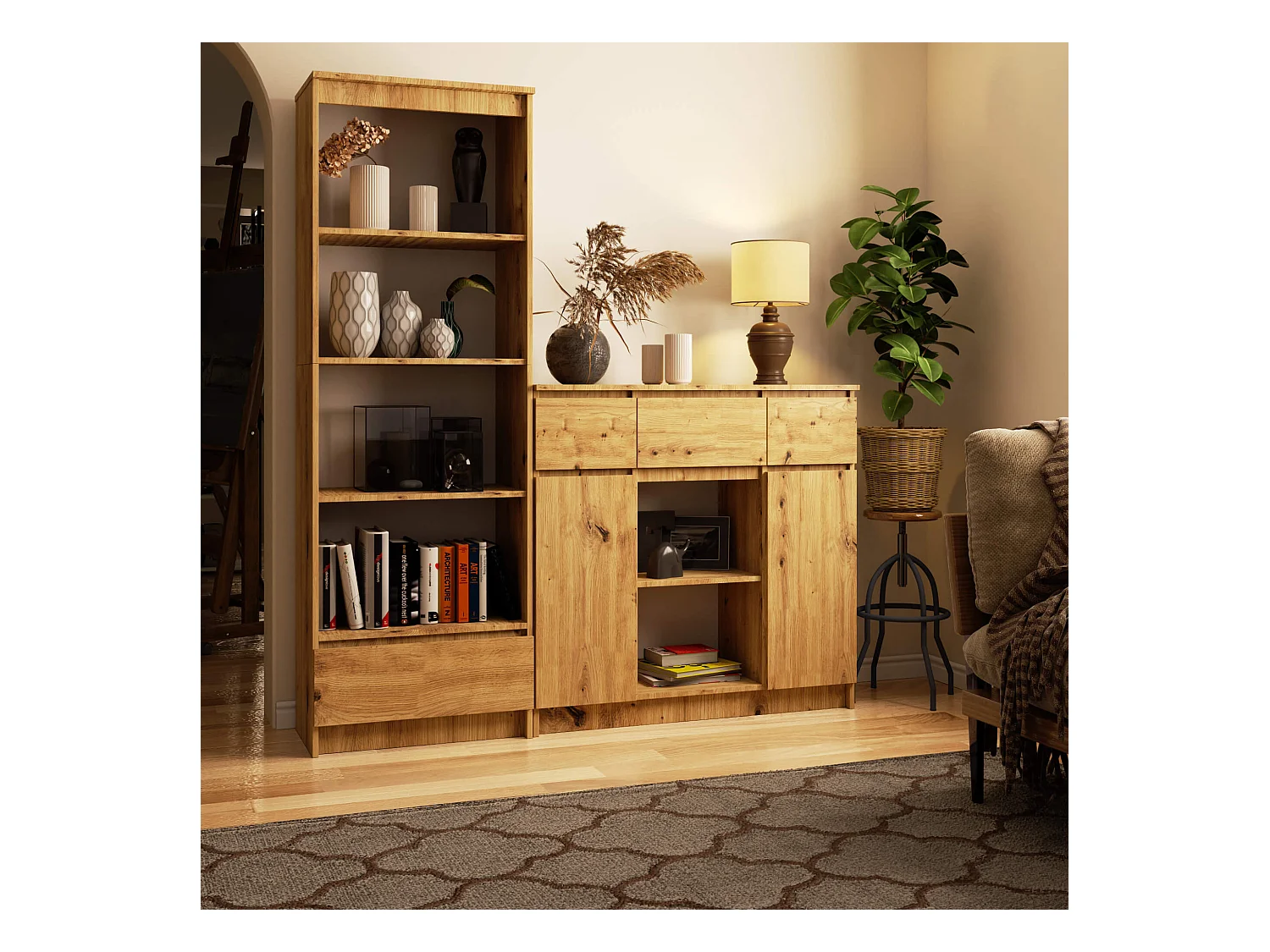 Commode AKORD K100 Chêne Artisan 101 cm 2 portes 3 tiroirs façade Chêne Artisan 6 étagères 101x35x98 cm