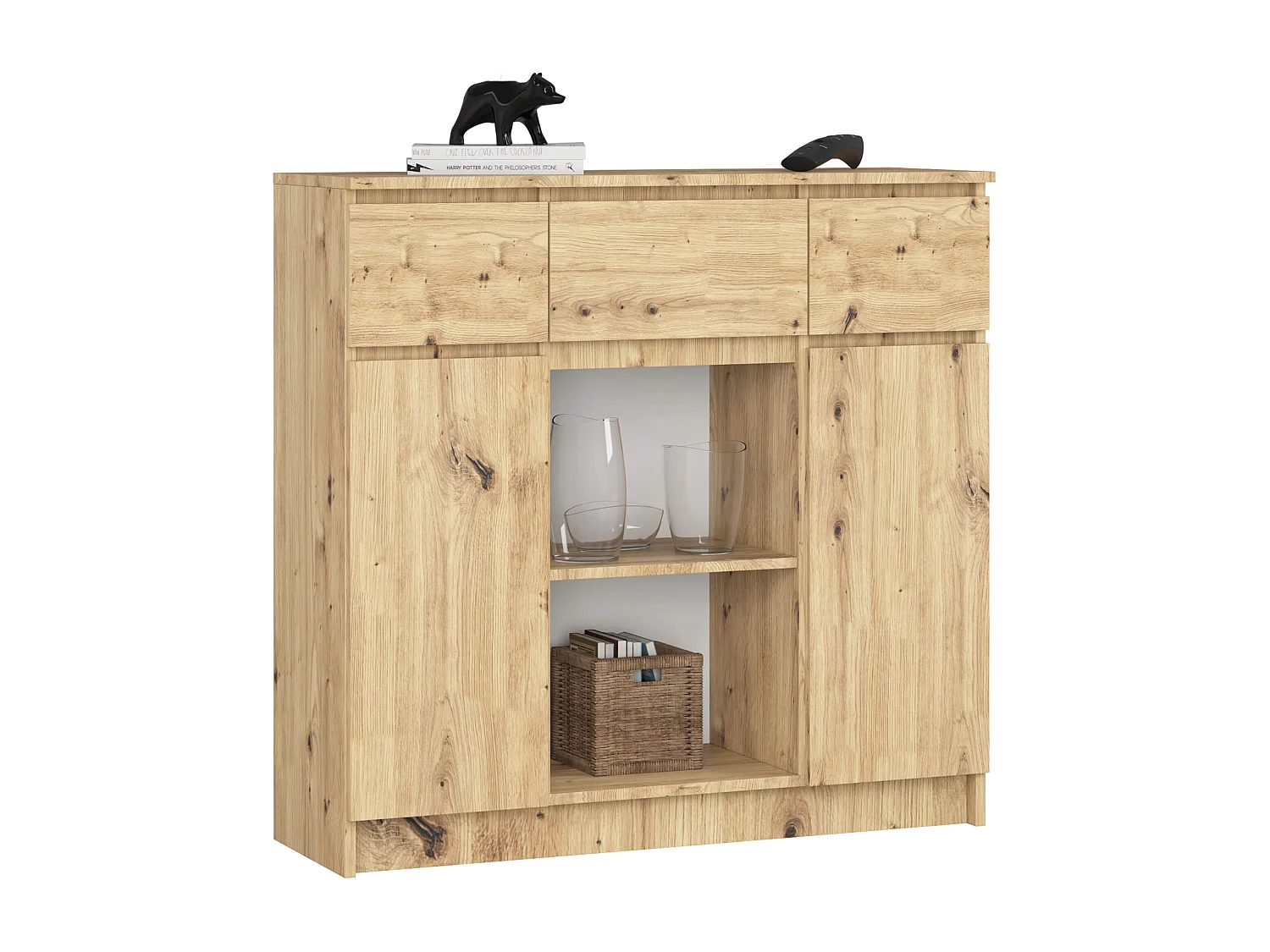 Commode AKORD K100 Chêne Artisan 101 cm 2 portes 3 tiroirs façade Chêne Artisan 6 étagères 101x35x98 cm