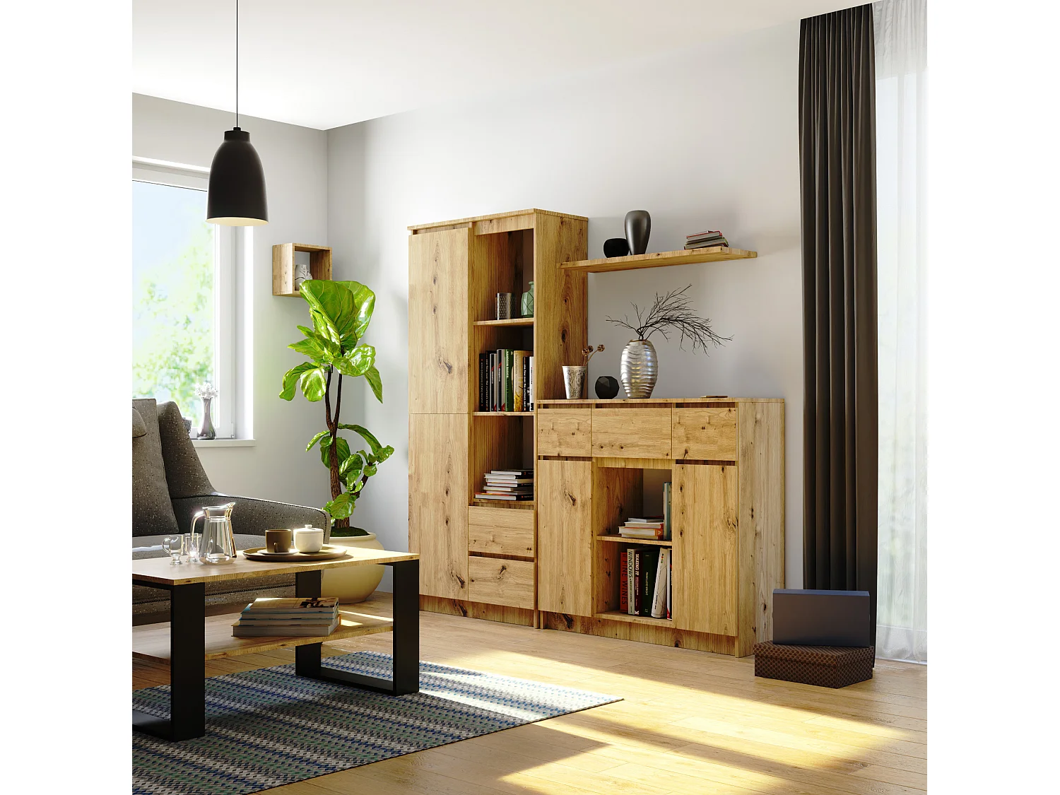 Commode AKORD K100 Chêne Artisan 101 cm 2 portes 3 tiroirs façade Chêne Artisan 6 étagères 101x35x98 cm