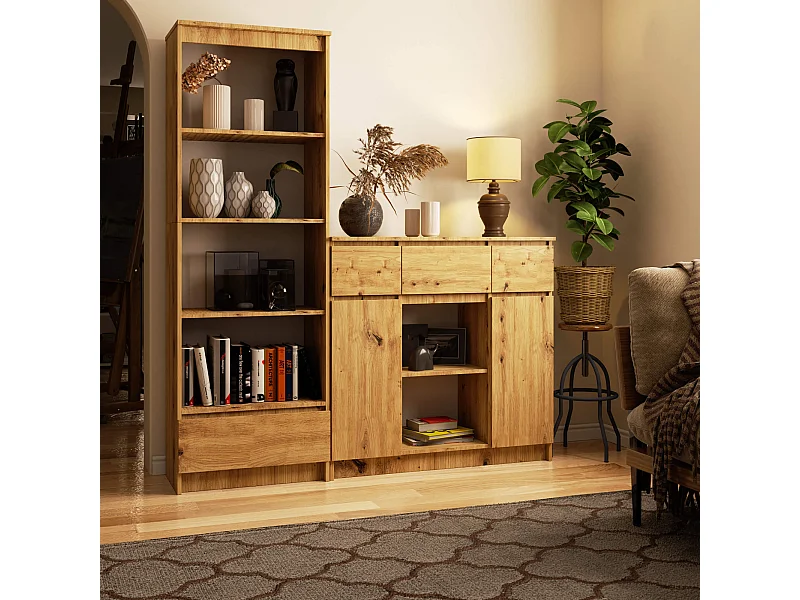 Commode AKORD K100 Chêne Artisan 101 cm 2 portes 3 tiroirs façade Chêne Artisan 6 étagères 101x35x98 cm