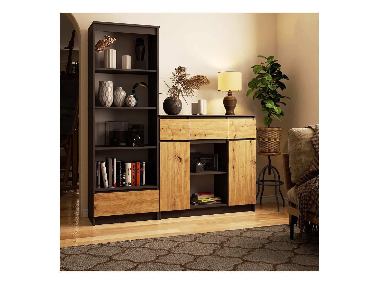 Commode AKORD K100 Gris Graphite 101 cm 2 portes 3 tiroirs façade Chêne Artisan 6 étagères 101x35x98 cm