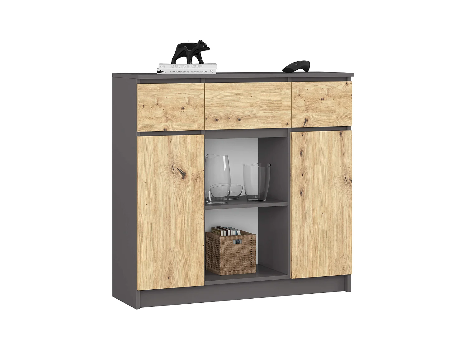 Commode AKORD K100 Gris Graphite 101 cm 2 portes 3 tiroirs façade Chêne Artisan 6 étagères 101x35x98 cm