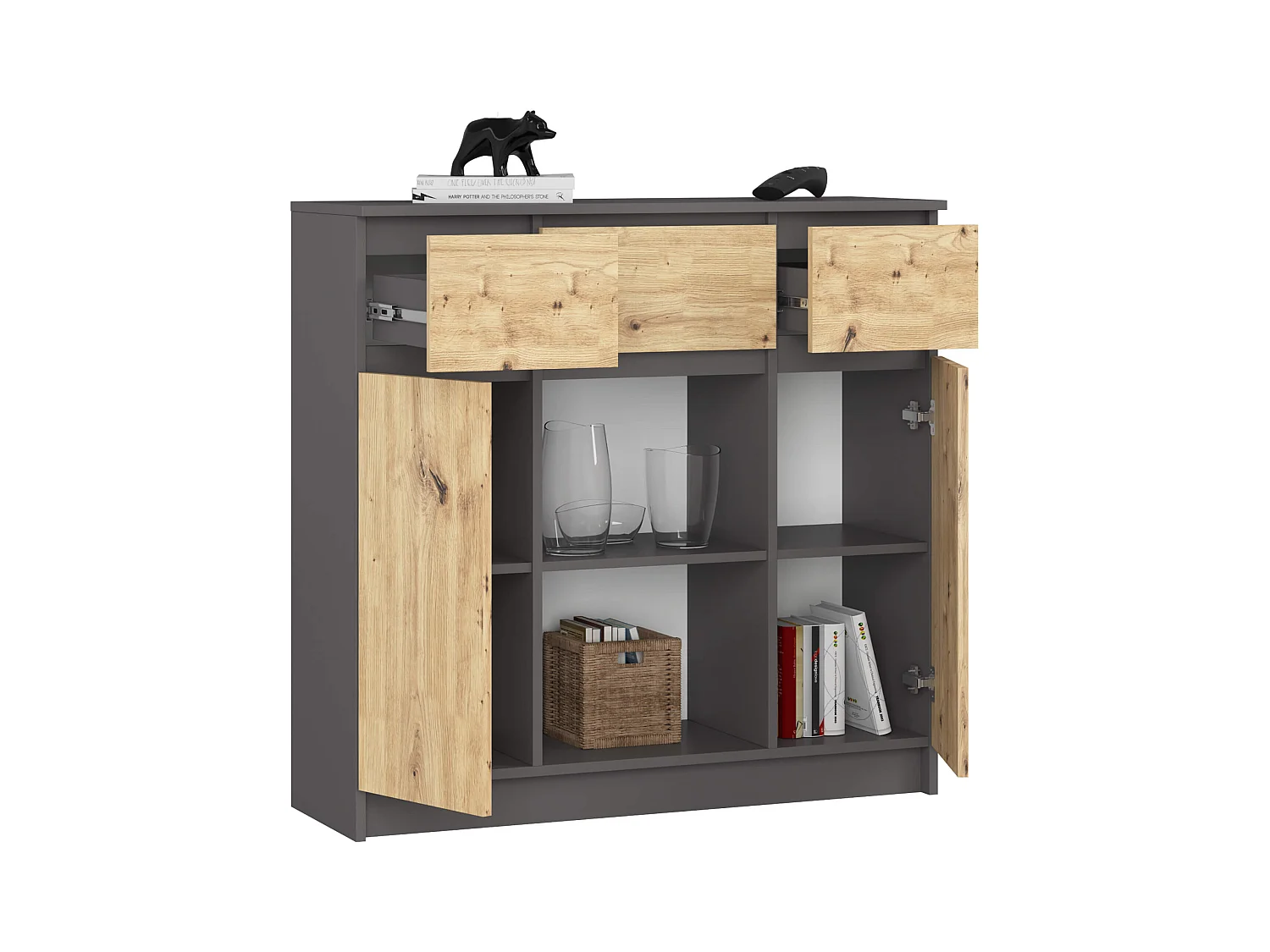 Commode AKORD K100 Gris Graphite 101 cm 2 portes 3 tiroirs façade Chêne Artisan 6 étagères 101x35x98 cm