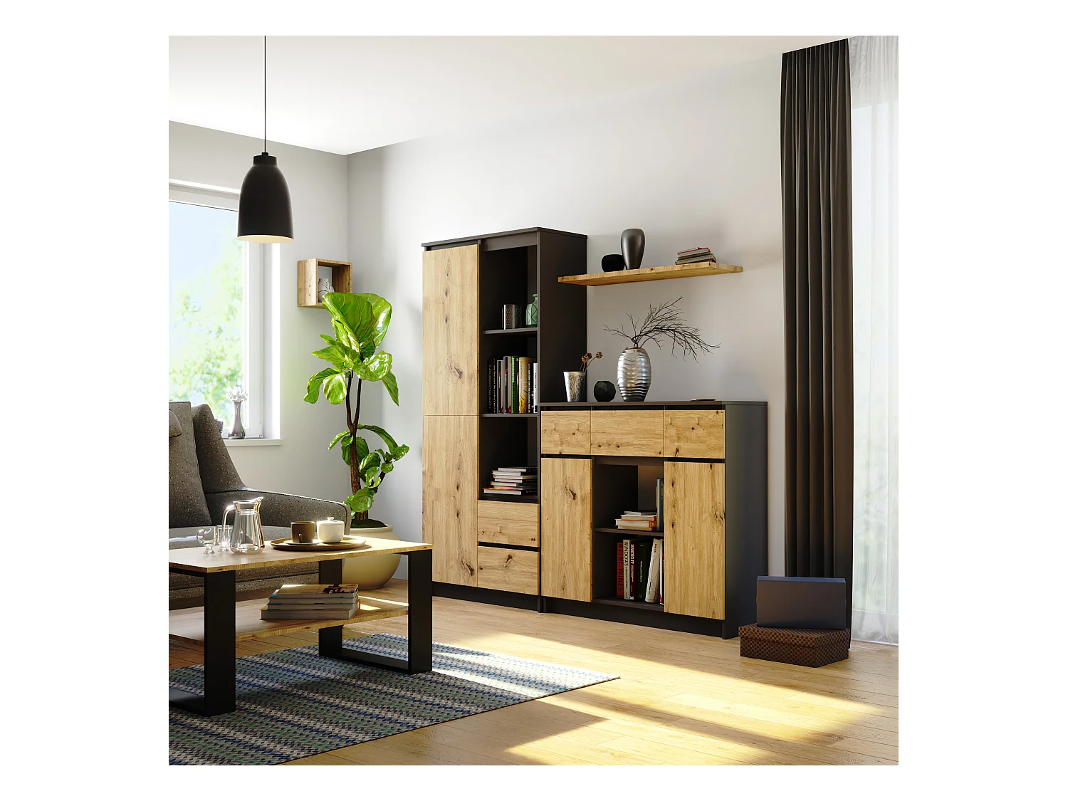 Commode AKORD K100 Gris Graphite 101 cm 2 portes 3 tiroirs façade Chêne Artisan 6 étagères 101x35x98 cm