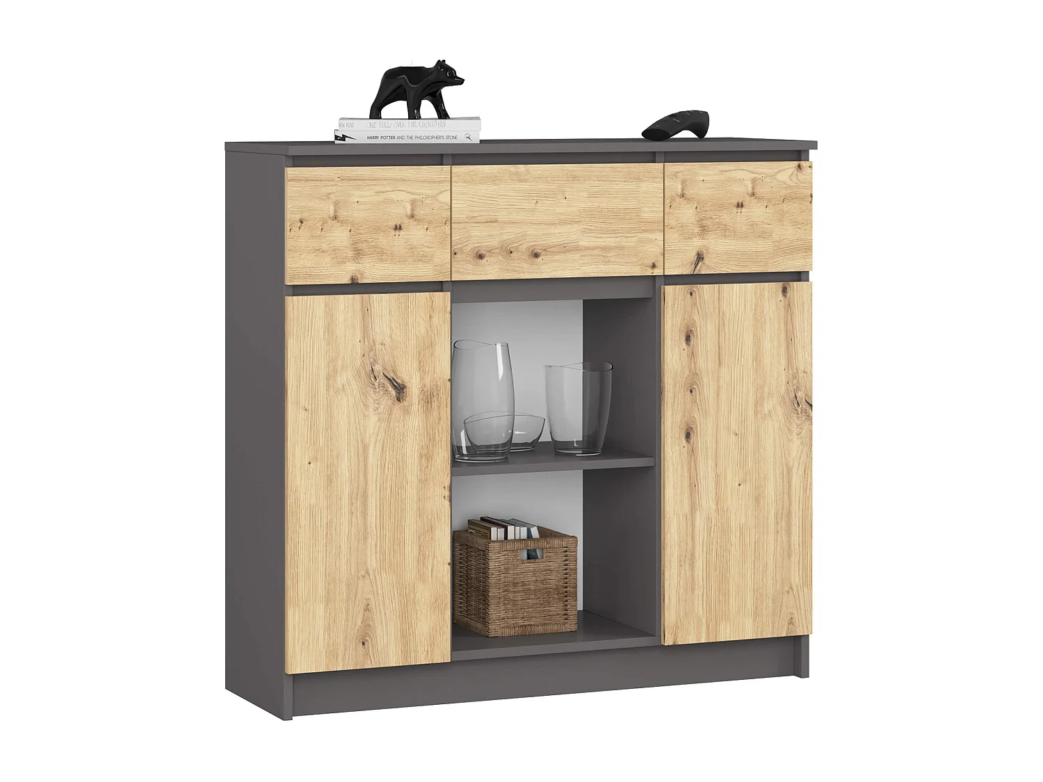 Commode AKORD K100 Gris Graphite 101 cm 2 portes 3 tiroirs façade Chêne Artisan 6 étagères 101x35x98 cm