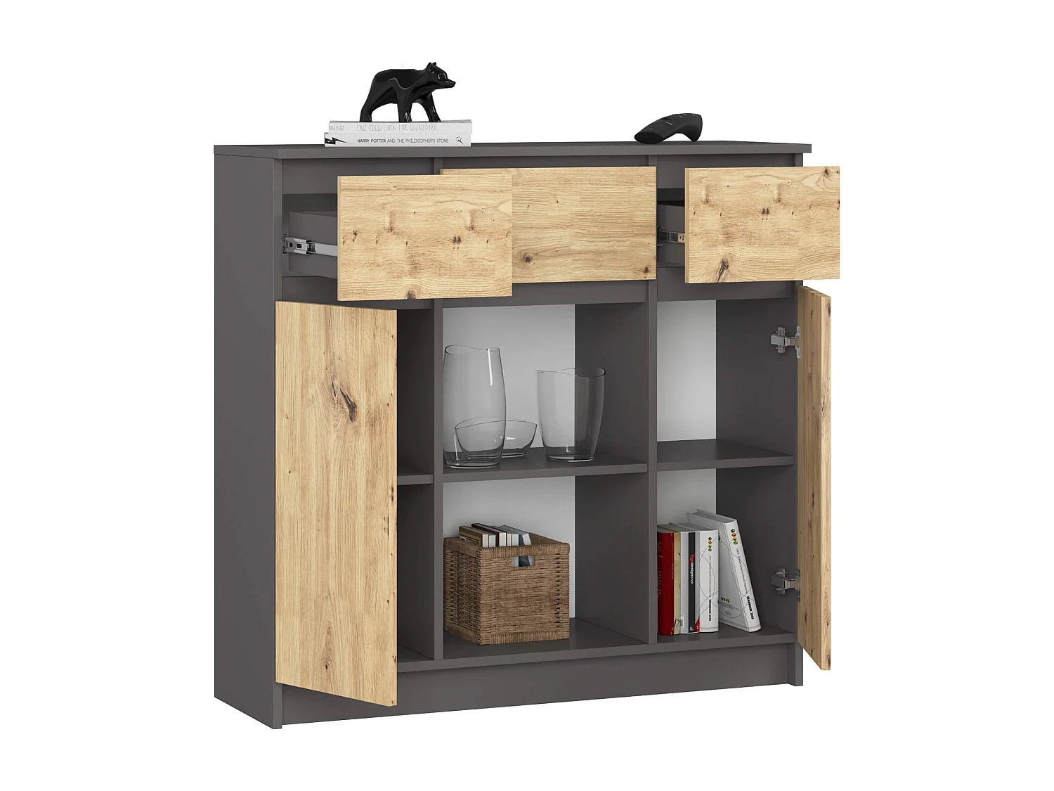 Commode AKORD K100 Gris Graphite 101 cm 2 portes 3 tiroirs façade Chêne Artisan 6 étagères 101x35x98 cm