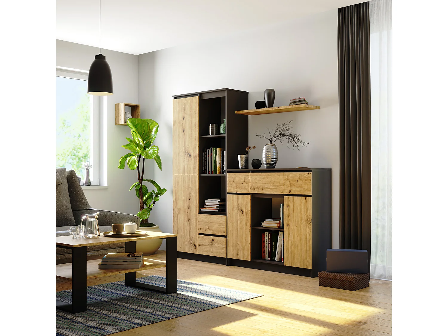 Commode AKORD K100 Gris Graphite 101 cm 2 portes 3 tiroirs façade Chêne Artisan 6 étagères 101x35x98 cm