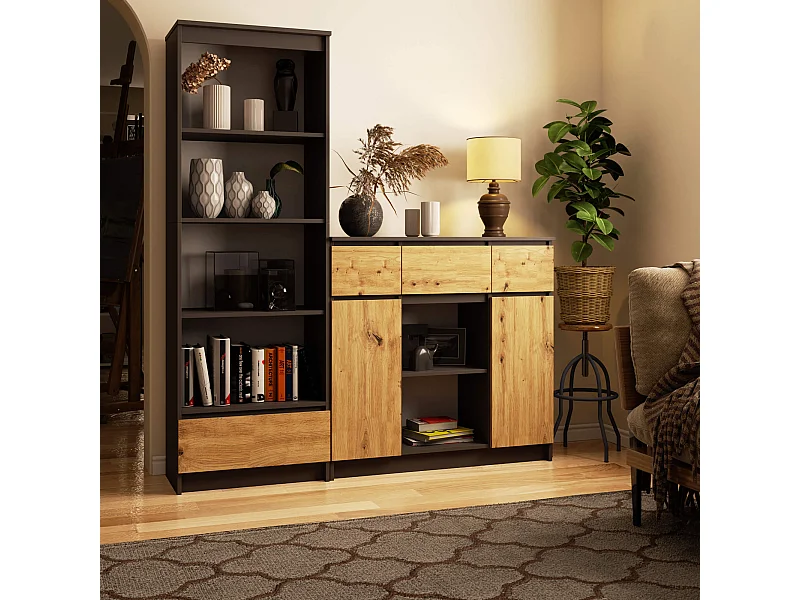 Commode AKORD K100 Gris Graphite 101 cm 2 portes 3 tiroirs façade Chêne Artisan 6 étagères 101x35x98 cm