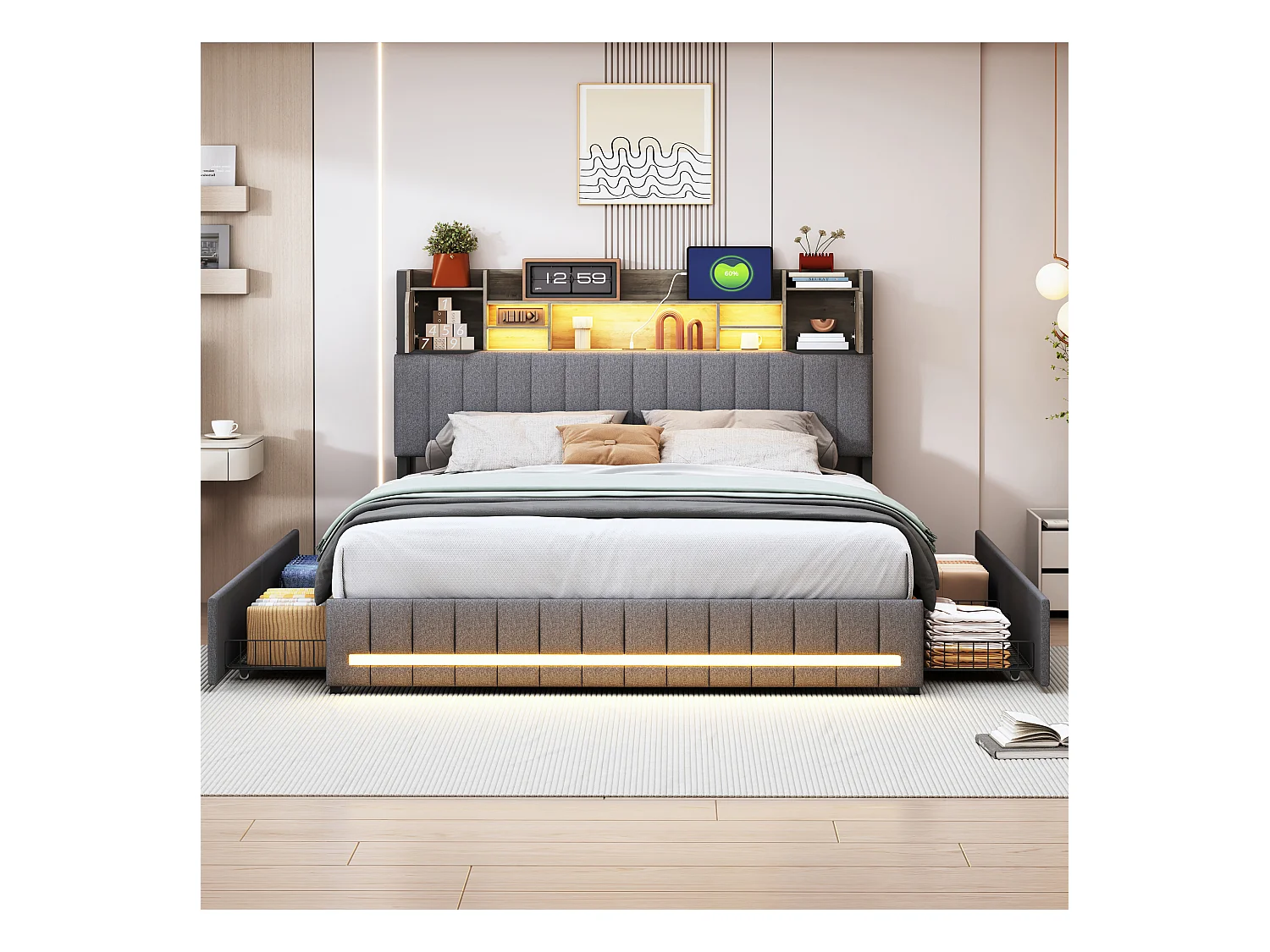 Letto matrimoniale con cassetti 140 x 200 cm, LED e USB, struttura letto con rete a doghe, lino, grigio