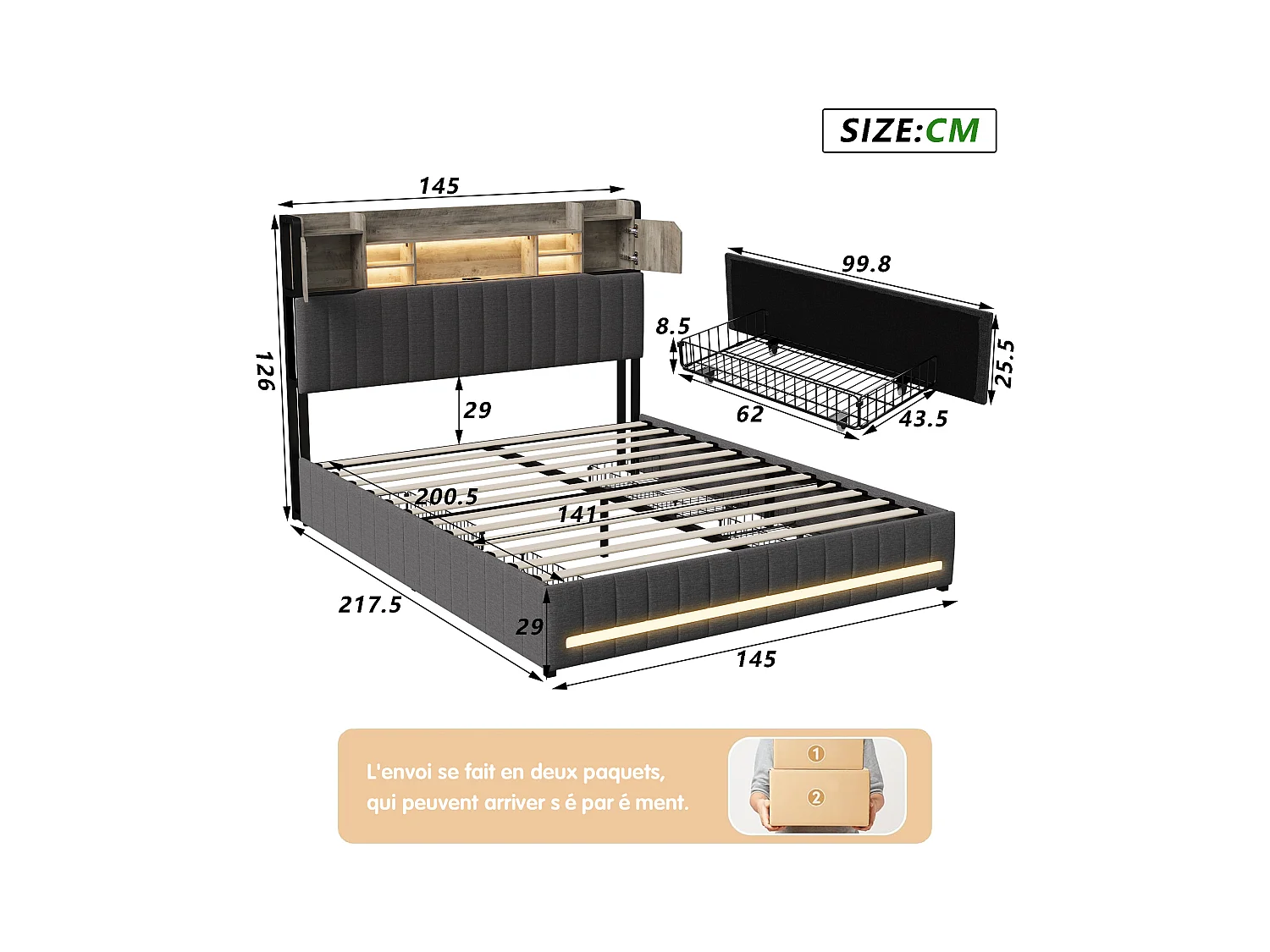 Letto matrimoniale con cassetti 140 x 200 cm, LED e USB, struttura letto con rete a doghe, lino, grigio