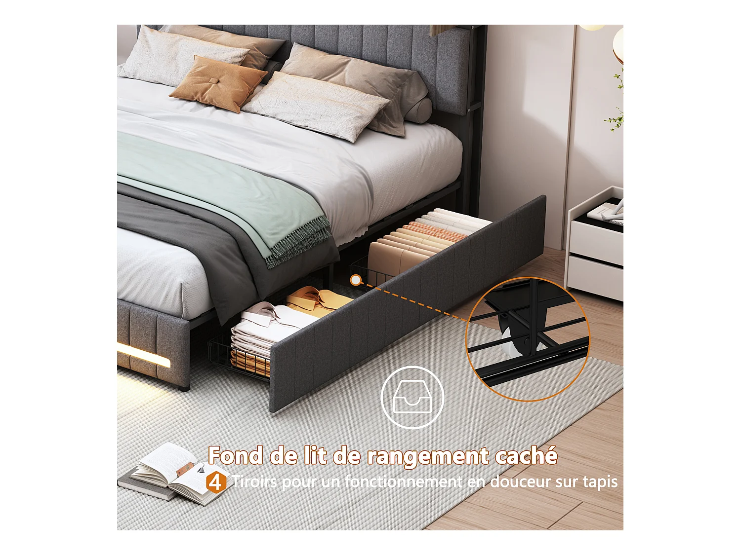 Letto matrimoniale con cassetti 140 x 200 cm, LED e USB, struttura letto con rete a doghe, lino, grigio