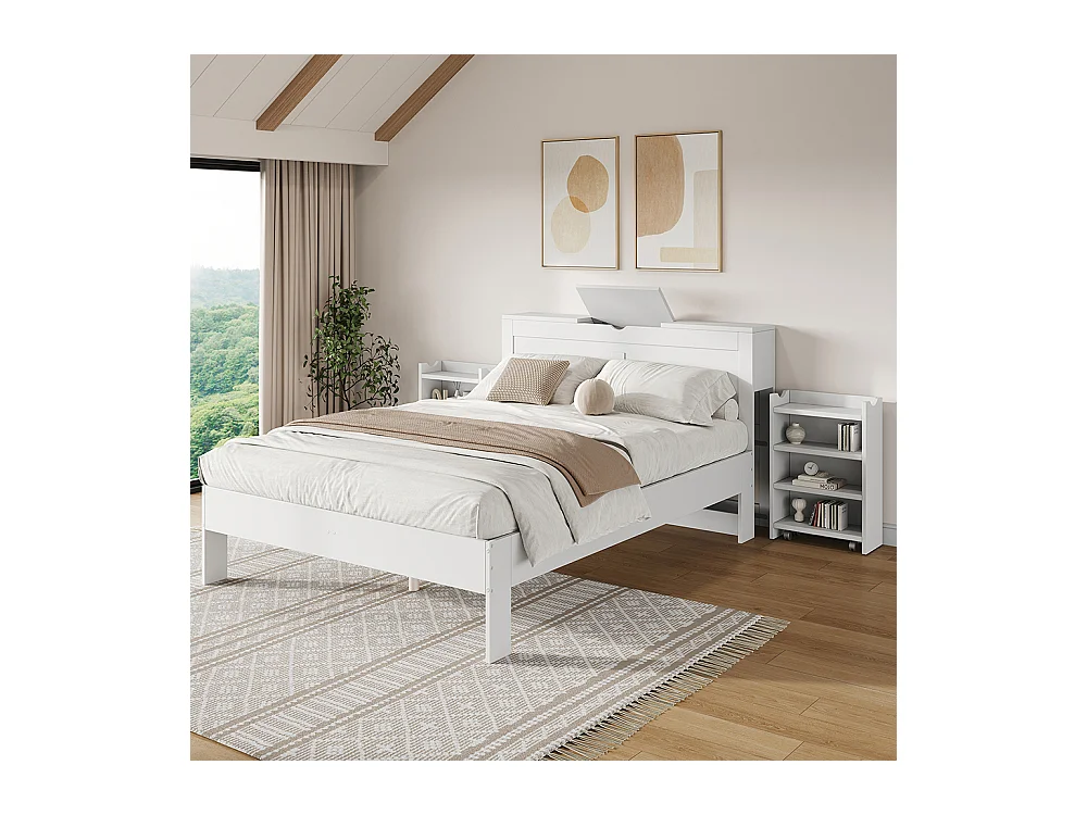 bed met opbergruimte van hout 140x200 met hoofdeinde en 2 uitschuifbare nachtkastjes opbergruimte aan het hoofdeinde wit