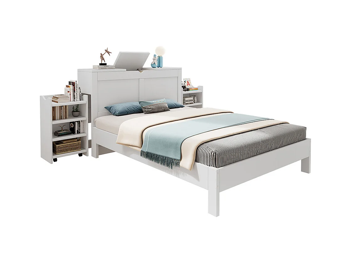 bed met opbergruimte van hout 140x200 met hoofdeinde en 2 uitschuifbare nachtkastjes opbergruimte aan het hoofdeinde wit