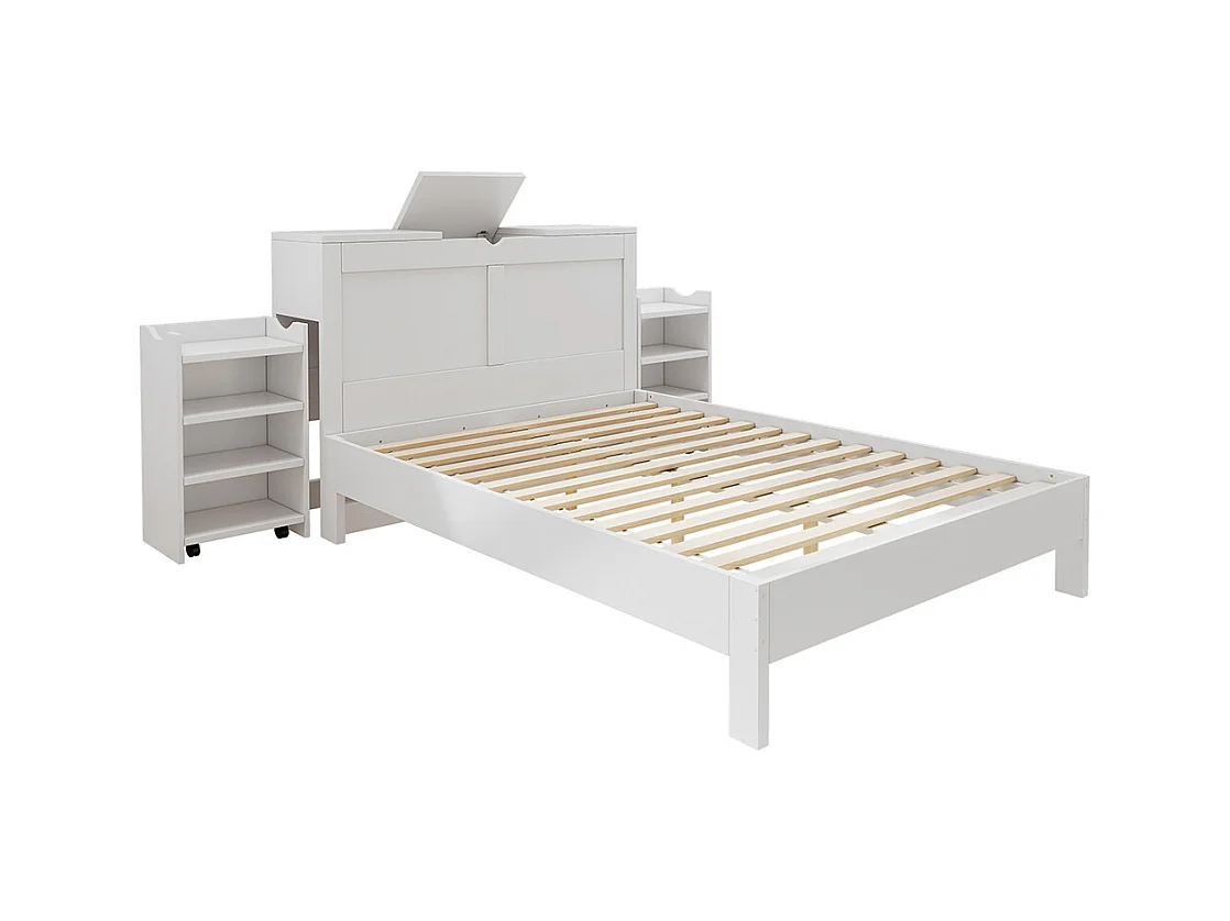 bed met opbergruimte van hout 140x200 met hoofdeinde en 2 uitschuifbare nachtkastjes opbergruimte aan het hoofdeinde wit