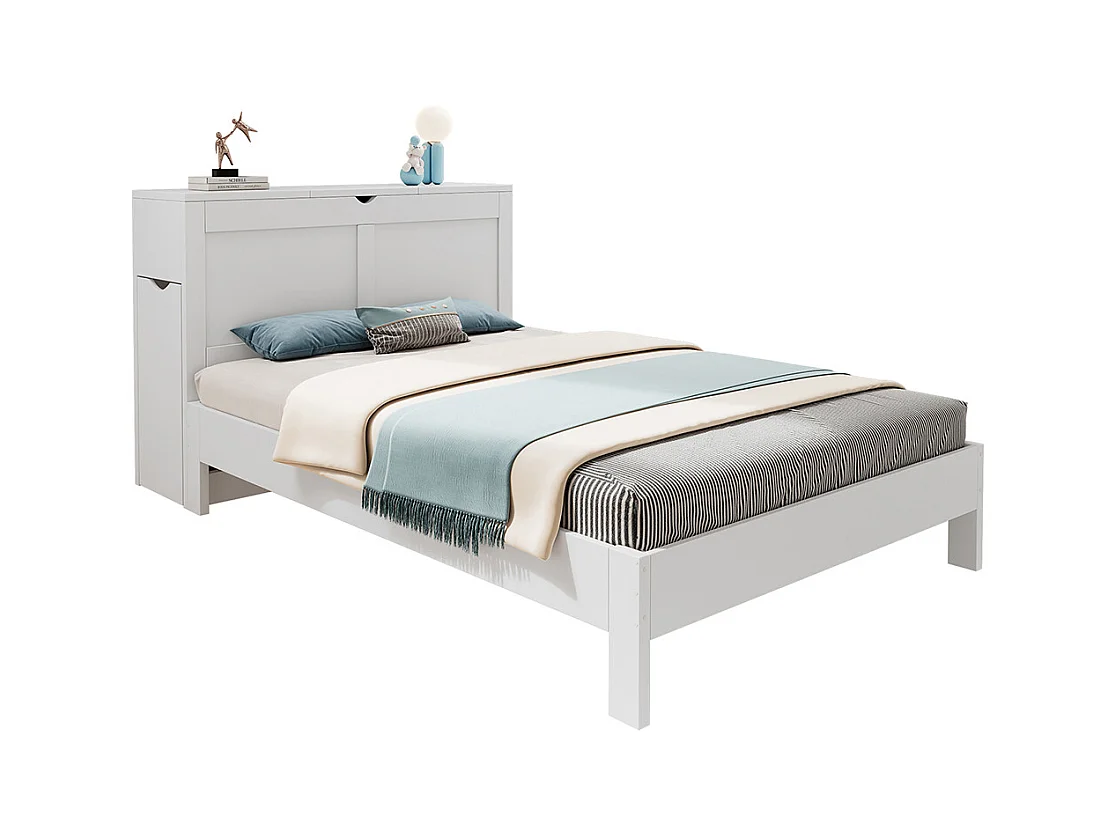 bed met opbergruimte van hout 140x200 met hoofdeinde en 2 uitschuifbare nachtkastjes opbergruimte aan het hoofdeinde wit