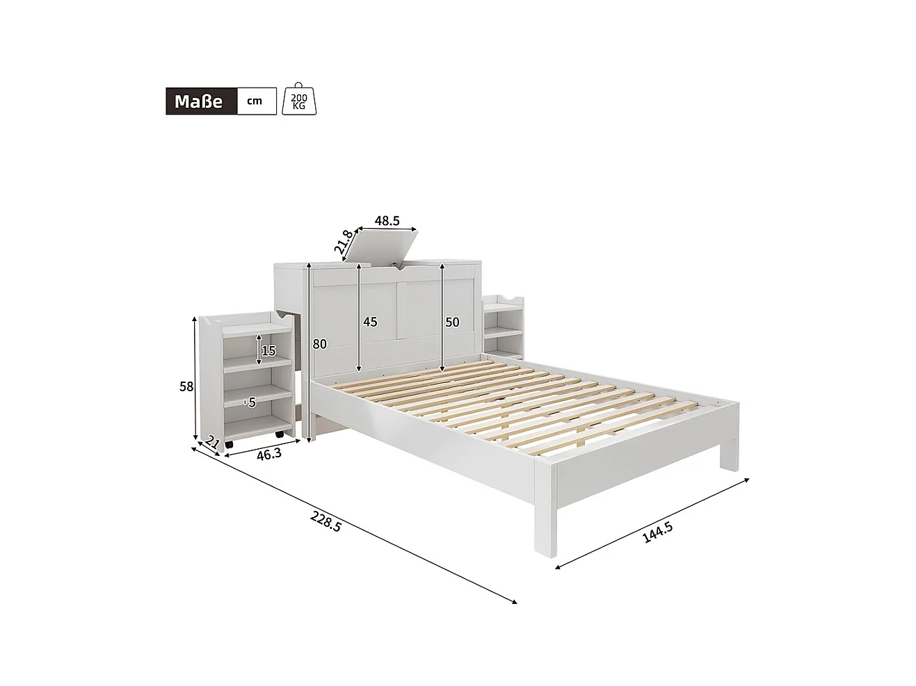 bed met opbergruimte van hout 140x200 met hoofdeinde en 2 uitschuifbare nachtkastjes opbergruimte aan het hoofdeinde wit