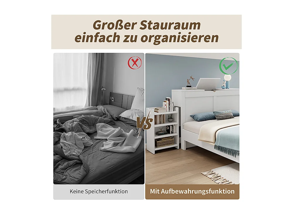 bed met opbergruimte van hout 140x200 met hoofdeinde en 2 uitschuifbare nachtkastjes opbergruimte aan het hoofdeinde wit