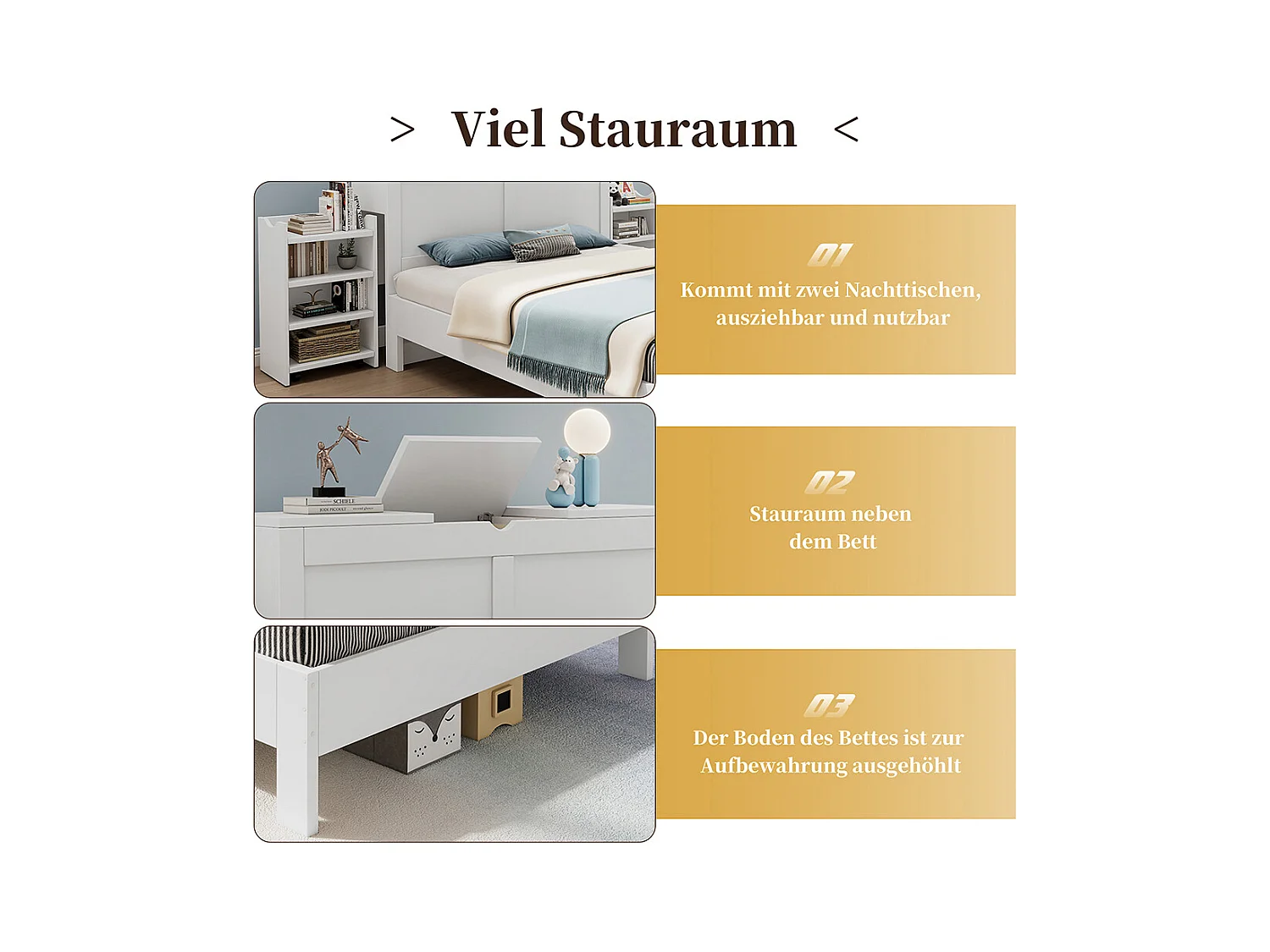 bed met opbergruimte van hout 140x200 met hoofdeinde en 2 uitschuifbare nachtkastjes opbergruimte aan het hoofdeinde wit