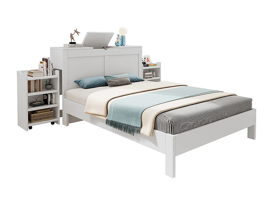 bed met opbergruimte van hout 140x200 met hoofdeinde en 2 uitschuifbare nachtkastjes opbergruimte aan het hoofdeinde wit