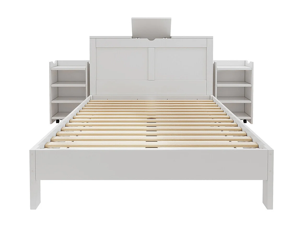 bed met opbergruimte van hout 140x200 met hoofdeinde en 2 uitschuifbare nachtkastjes opbergruimte aan het hoofdeinde wit