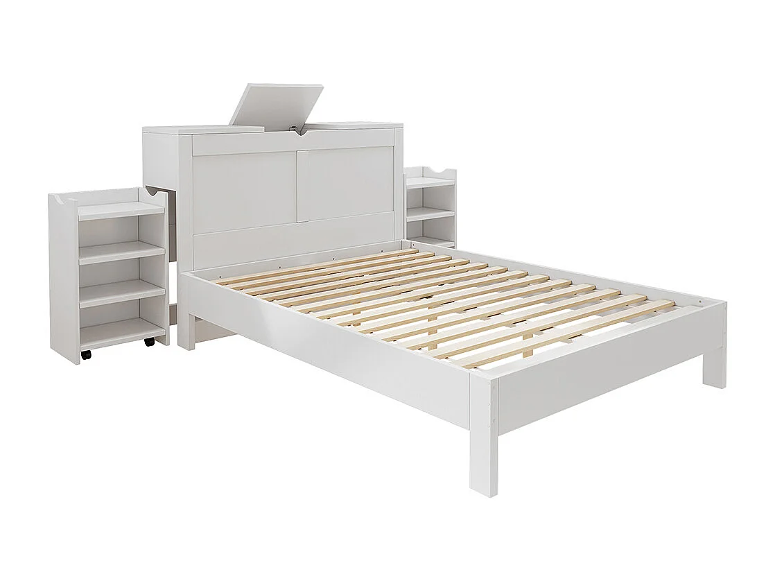 bed met opbergruimte van hout 140x200 met hoofdeinde en 2 uitschuifbare nachtkastjes opbergruimte aan het hoofdeinde wit