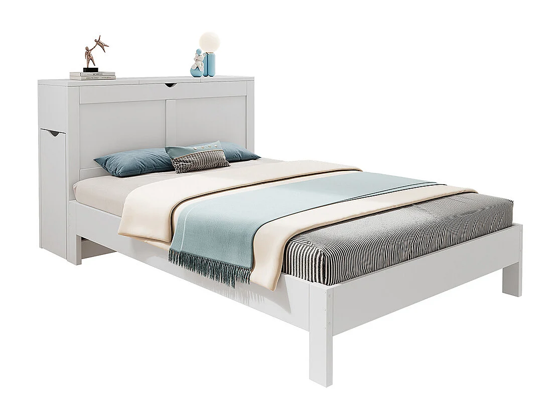 bed met opbergruimte van hout 140x200 met hoofdeinde en 2 uitschuifbare nachtkastjes opbergruimte aan het hoofdeinde wit