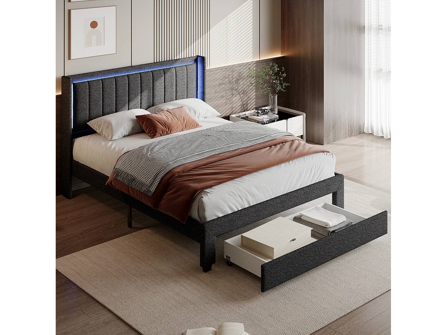 Lit Coffre 160 x 200 cm avec LED et USB, Lits Double, Lit Capitonné avec Tête en Bois, Lin, girs