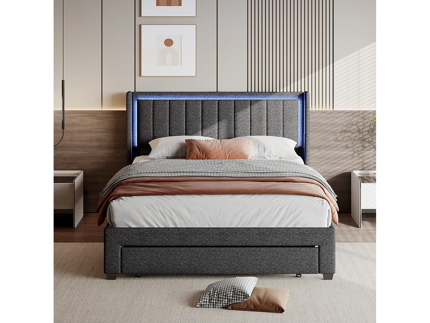 Lit Coffre 160 x 200 cm avec LED et USB, Lits Double, Lit Capitonné avec Tête en Bois, Lin, girs