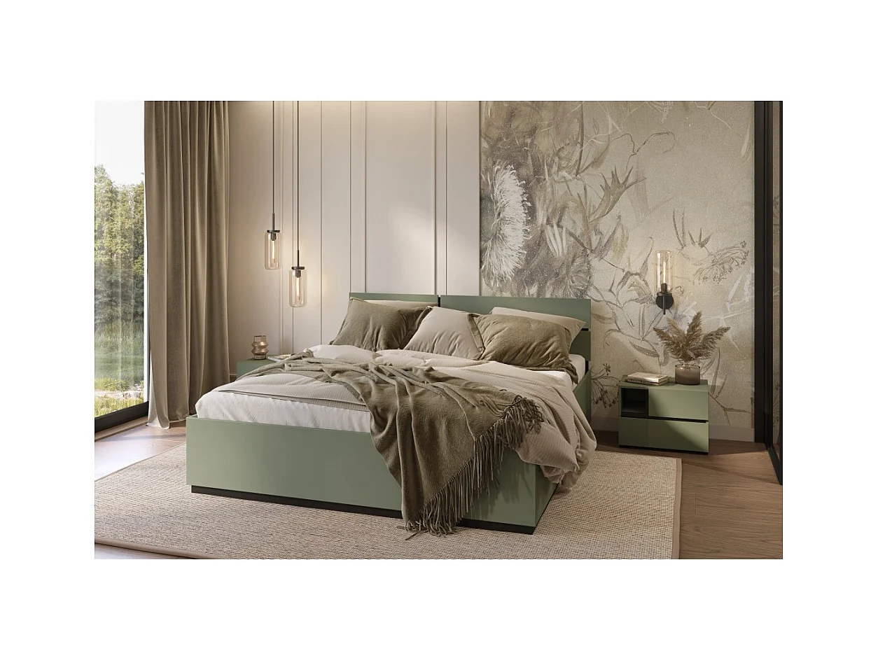Cama HAVANA 160x200 com estrado – Cor verde-sálvia e preto – Design moderno e estrutura robusta