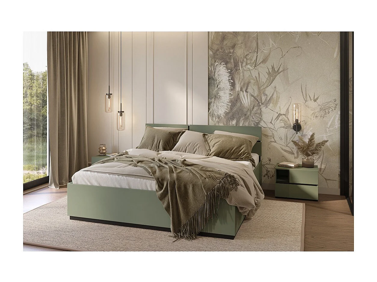 Cama HAVANA 160x200 con somier – Color verde salvia y negro – Diseño moderno y estructura robusta