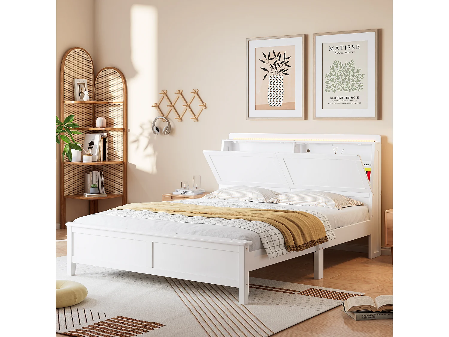 Lit adulte 140x200cm avec LED, tête de lit de rangement, cadre en MDF, sommier à lattes, blanc, sans matelas