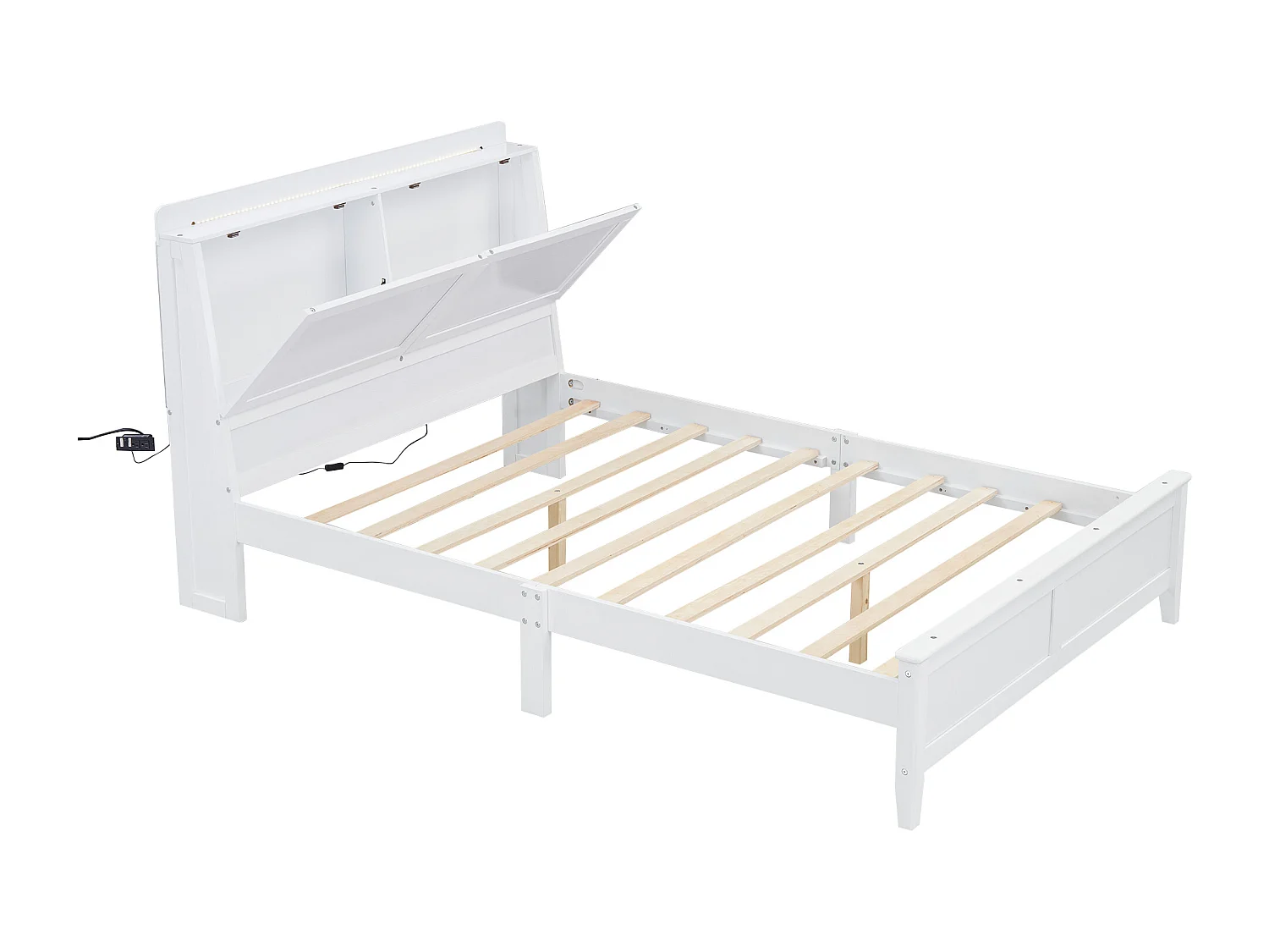 Lit adulte 140x200cm avec LED, tête de lit de rangement, cadre en MDF, sommier à lattes, blanc, sans matelas