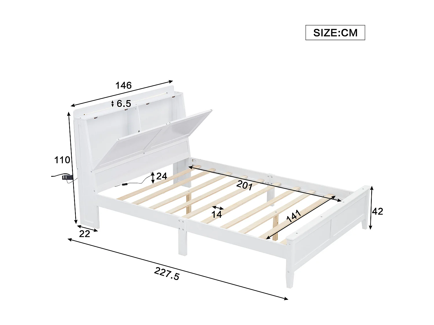 Lit adulte 140x200cm avec LED, tête de lit de rangement, cadre en MDF, sommier à lattes, blanc, sans matelas