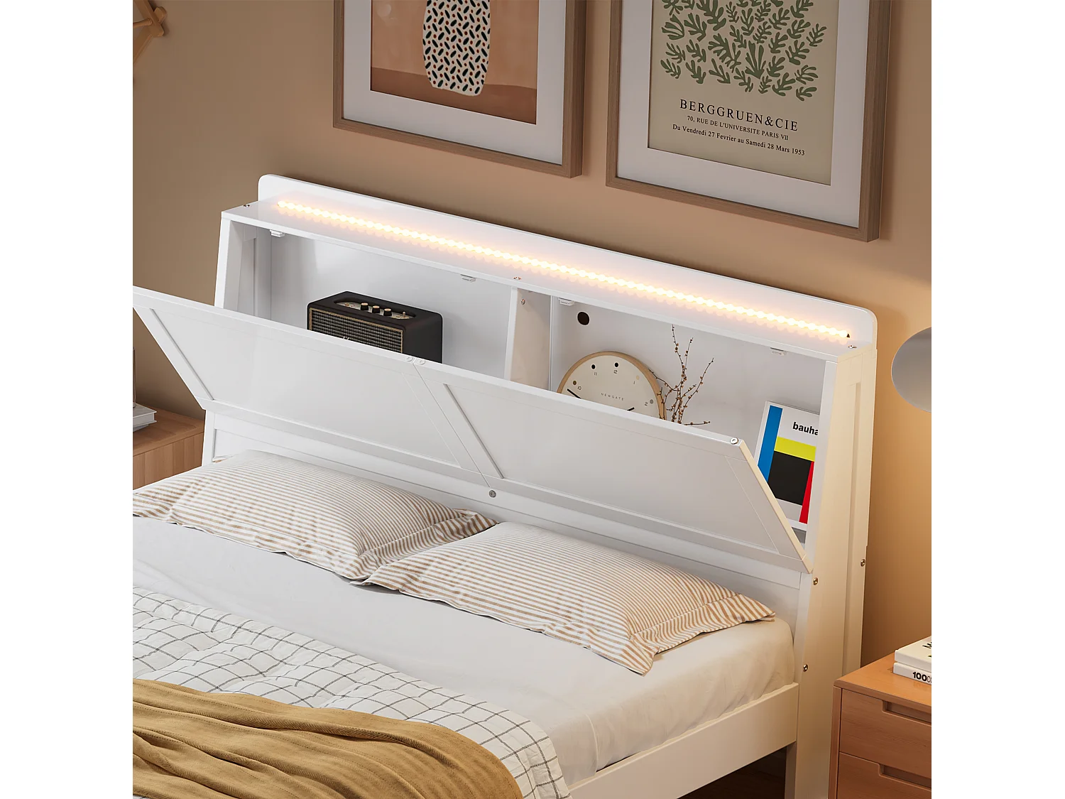 Lit adulte 140x200cm avec LED, tête de lit de rangement, cadre en MDF, sommier à lattes, blanc, sans matelas