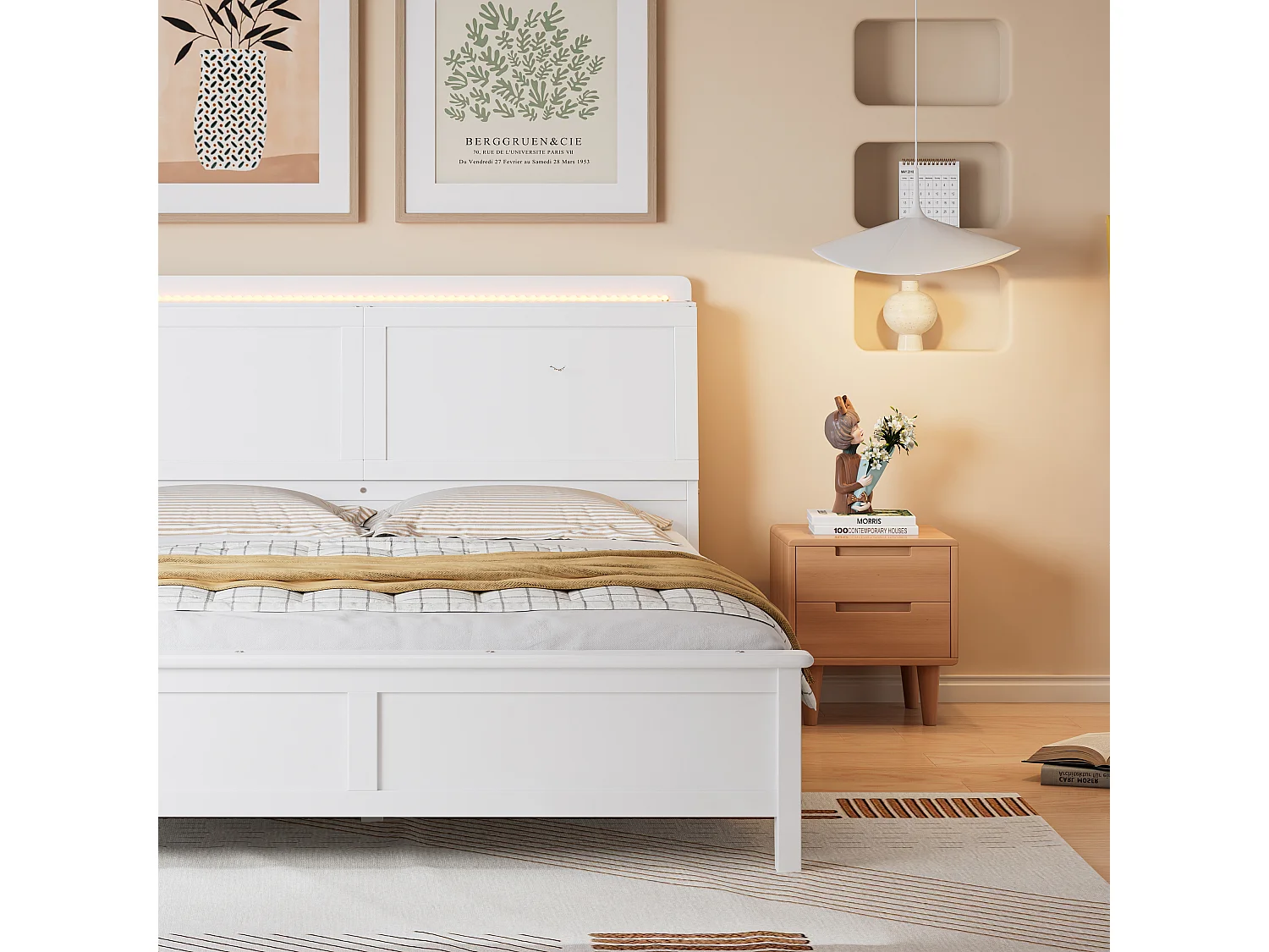 Lit adulte 140x200cm avec LED, tête de lit de rangement, cadre en MDF, sommier à lattes, blanc, sans matelas