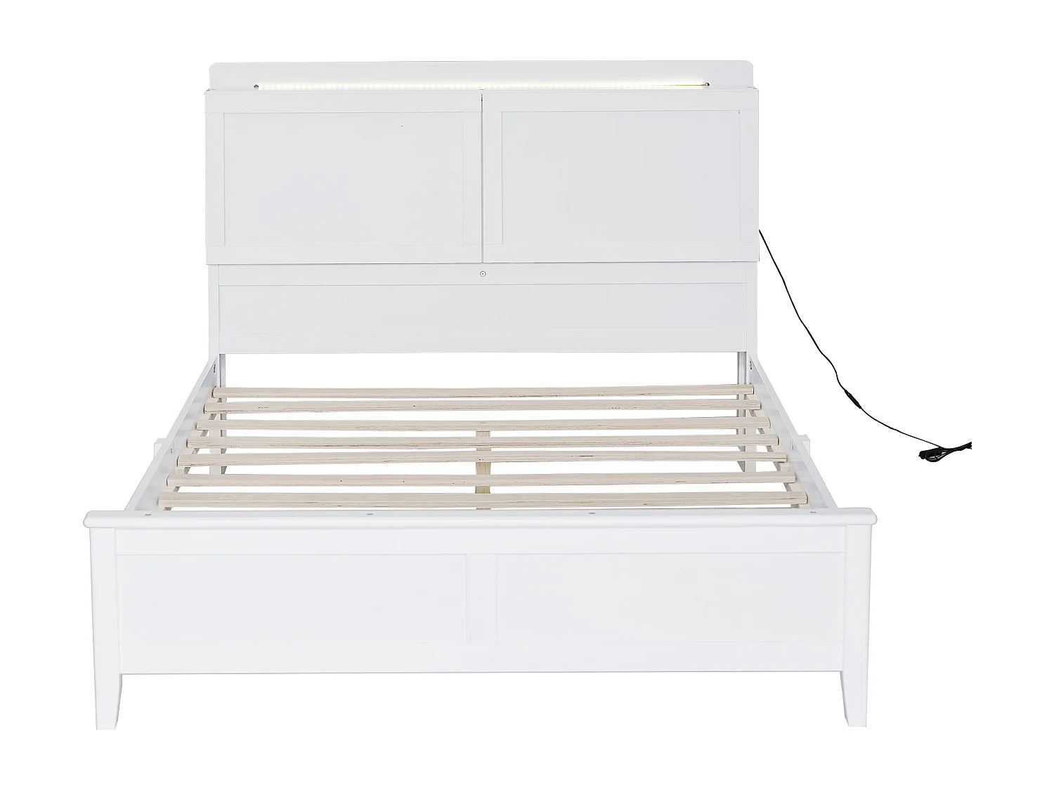 Lit adulte 140x200cm avec LED, tête de lit de rangement, cadre en MDF, sommier à lattes, blanc, sans matelas