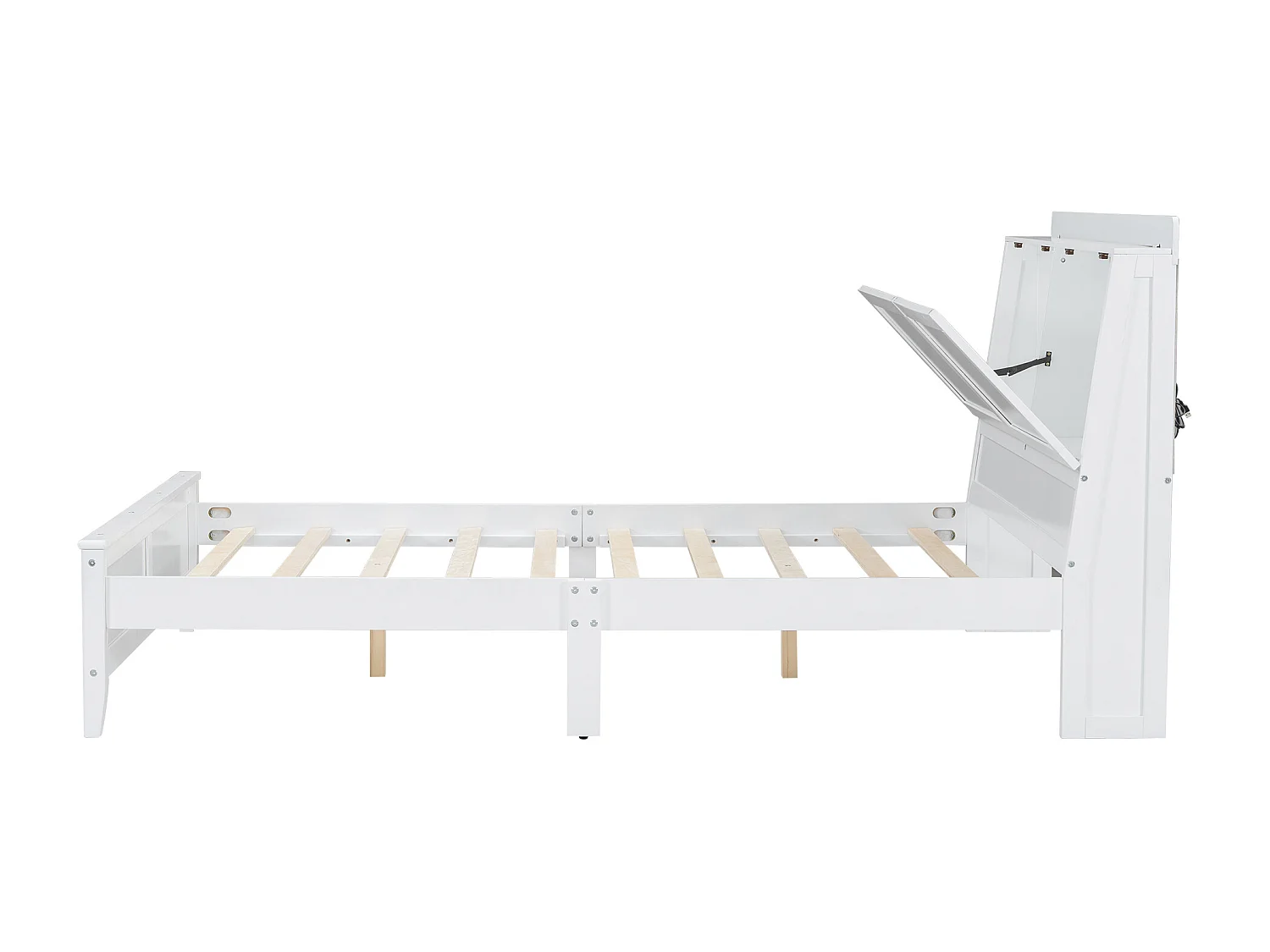 Lit adulte 140x200cm avec LED, tête de lit de rangement, cadre en MDF, sommier à lattes, blanc, sans matelas