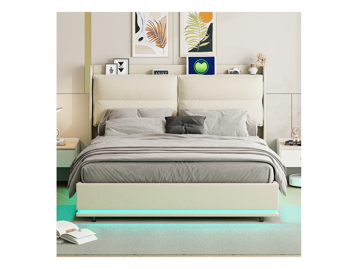 Letto moderno rettangolare 140x200 cm con rete a doghe, imbottito, USB e Type-C, contenitore, beige