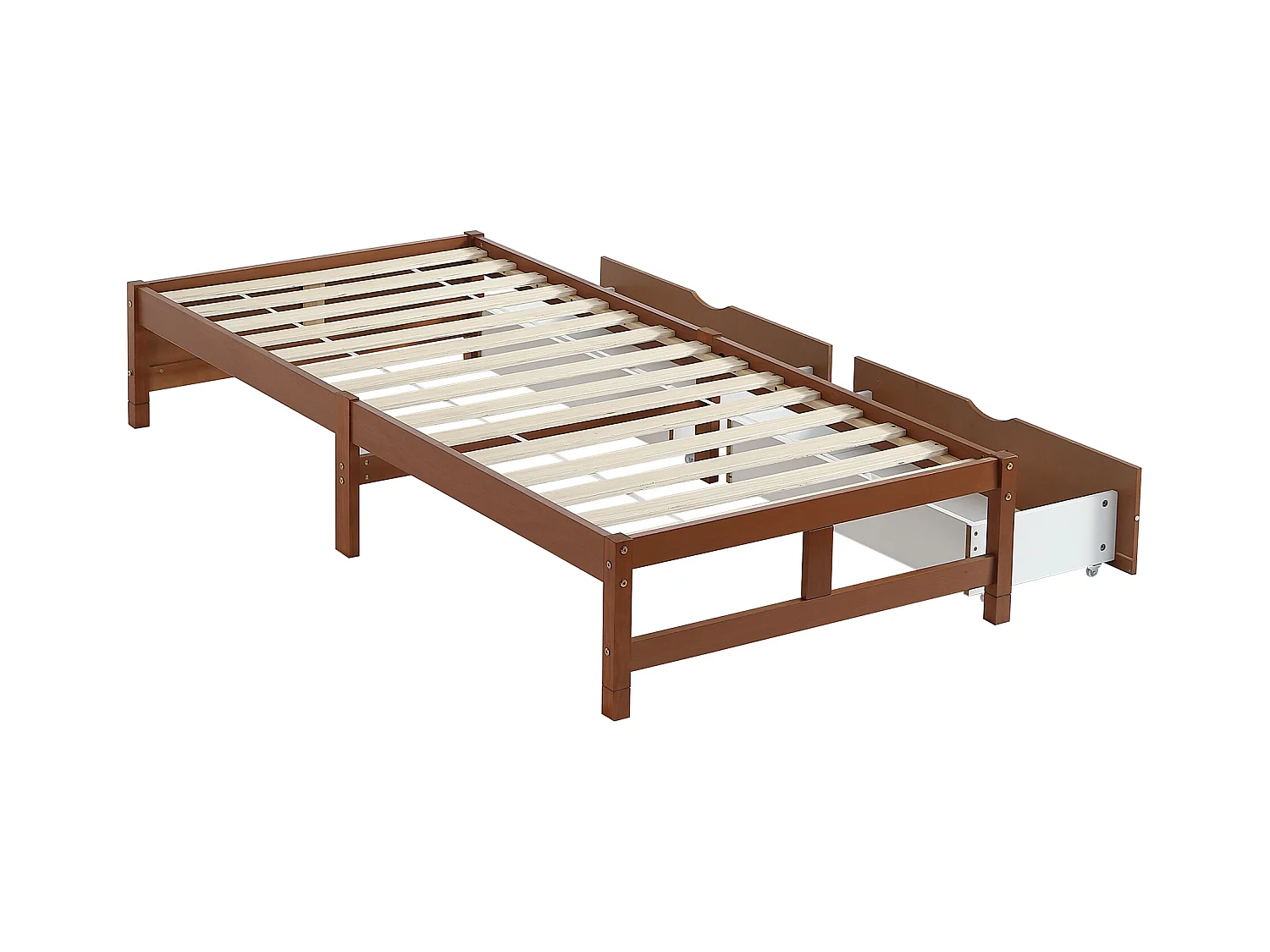 Lit enfant 90x200cm avec 2 tiroirs, sans tête de lit, cadre en MDF, sommier à lattes, Brun rougeâtre, sans matelas