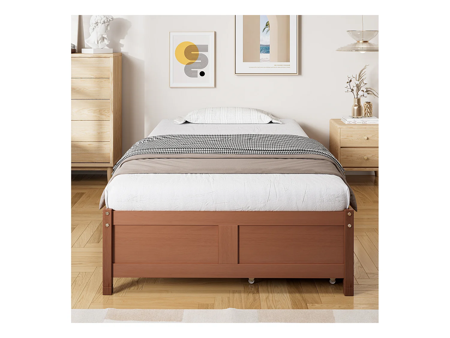 Lit enfant 90x200cm avec 2 tiroirs, sans tête de lit, cadre en MDF, sommier à lattes, Brun rougeâtre, sans matelas