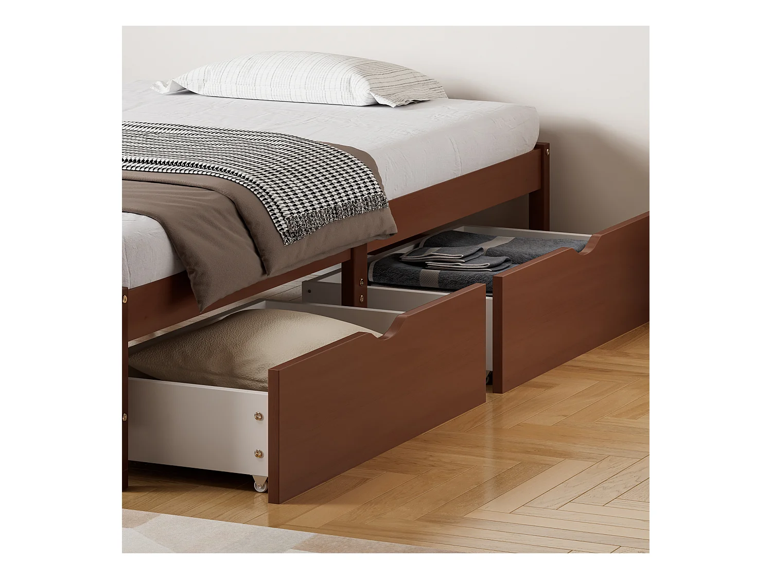 Lit enfant 90x200cm avec 2 tiroirs, sans tête de lit, cadre en MDF, sommier à lattes, Brun rougeâtre, sans matelas