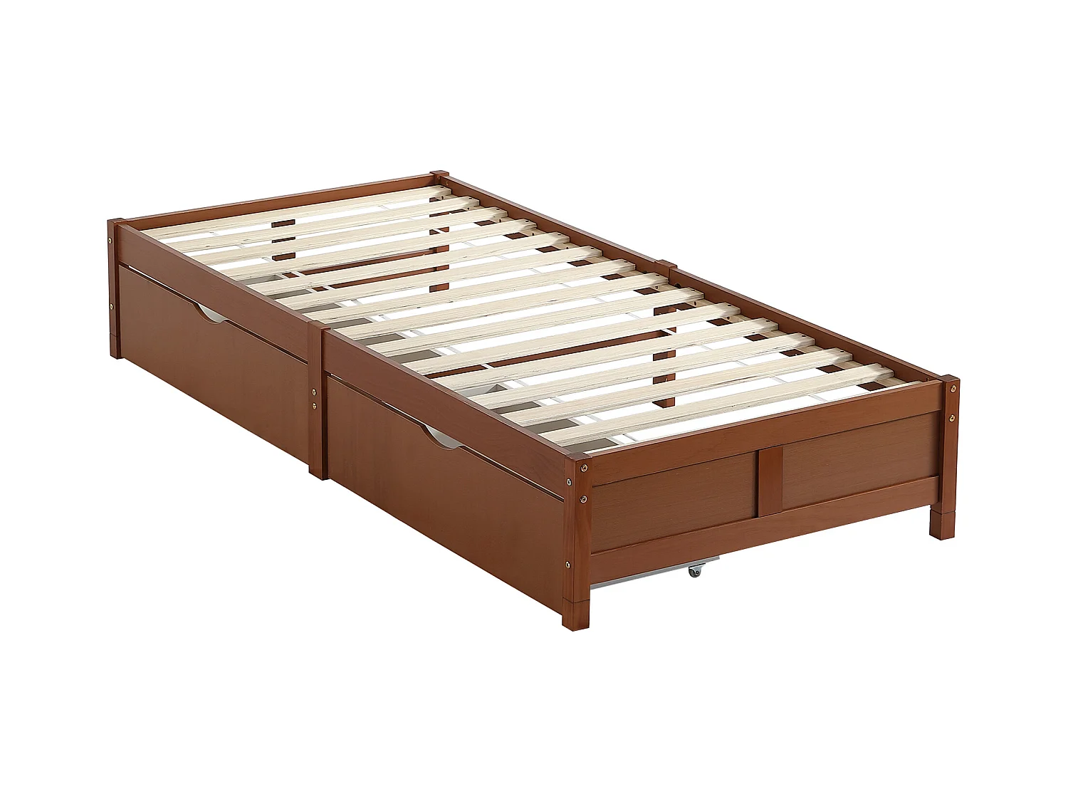 Lit enfant 90x200cm avec 2 tiroirs, sans tête de lit, cadre en MDF, sommier à lattes, Brun rougeâtre, sans matelas