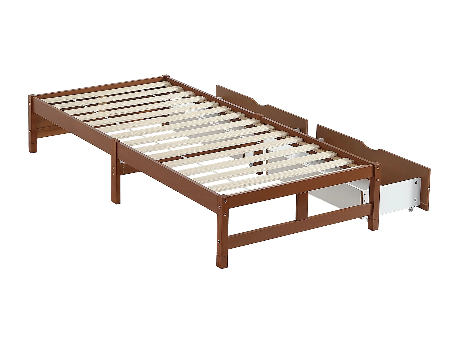 Cama infantil 90x200cm com 2 gavetas, sem cabeceira, estrutura em MDF, estrado de ripas, Castanho avermelhado, sem colchão